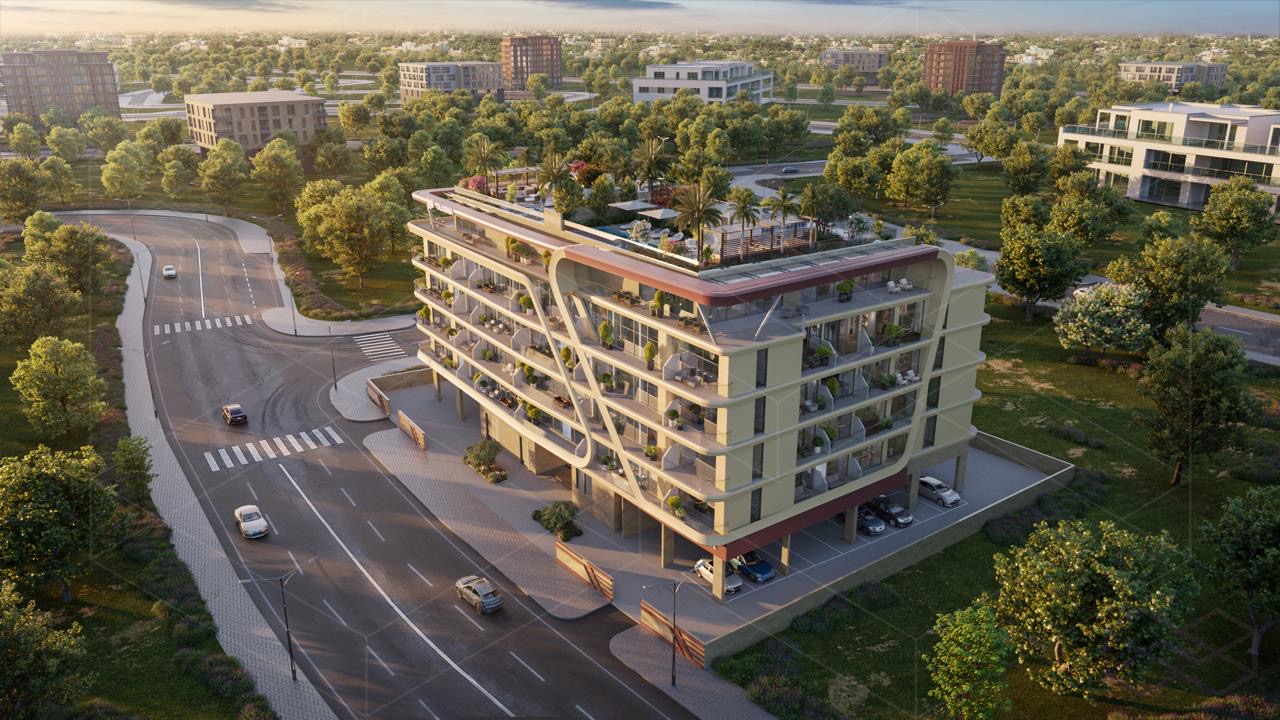 Globna aerial render showing building in Dubai South