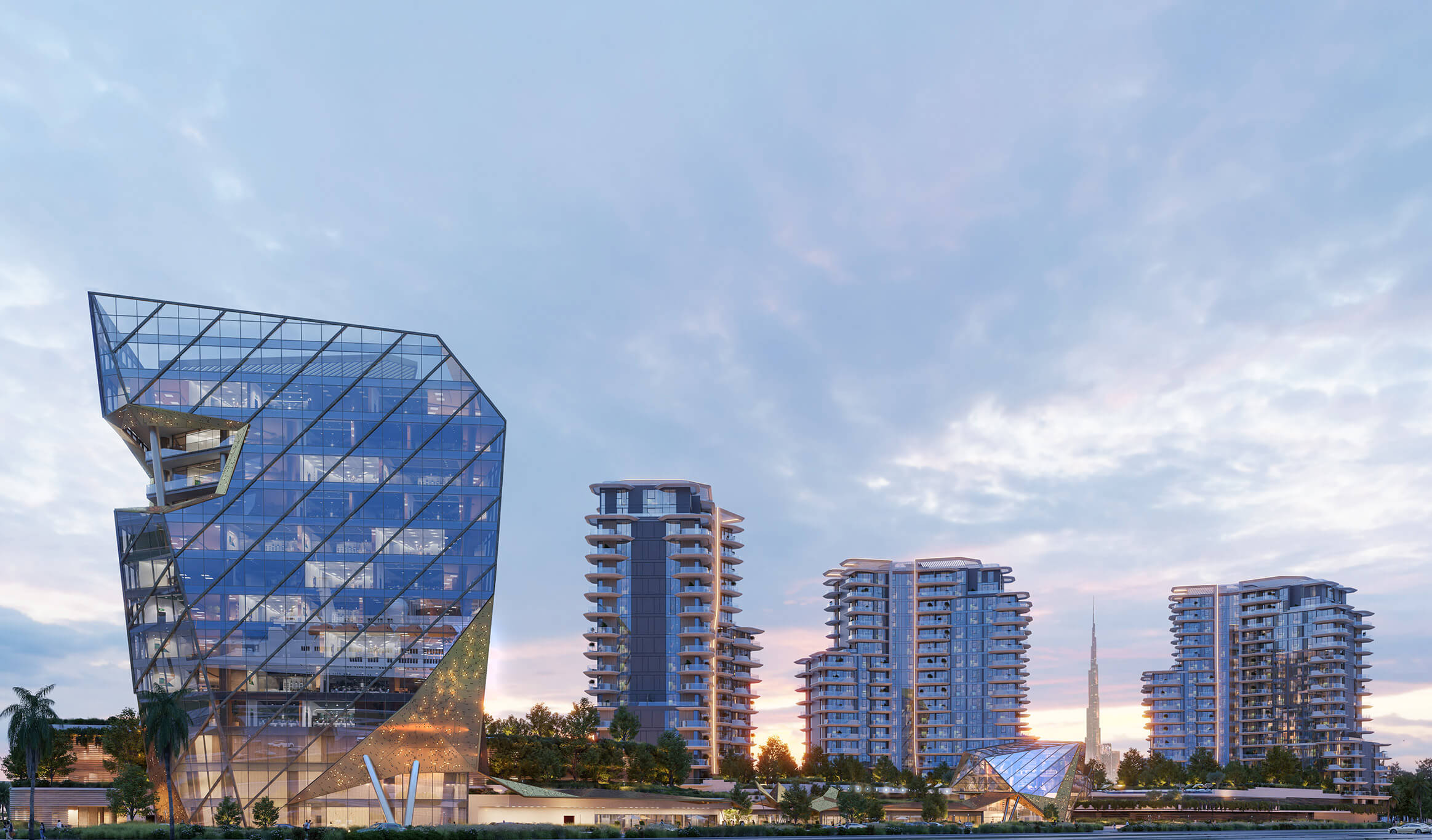 Portside Square by Ellington, nighttime architectural render, Mina Rashid, Dubai